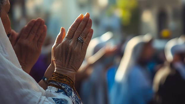 A woman in a white hijab is clapping her hands photo