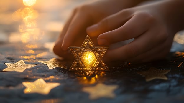 A person holding a star of david with a candle photo
