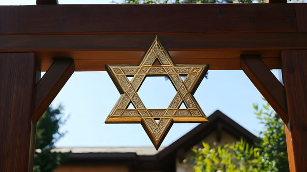 A star of david hanging from a wooden arch photo