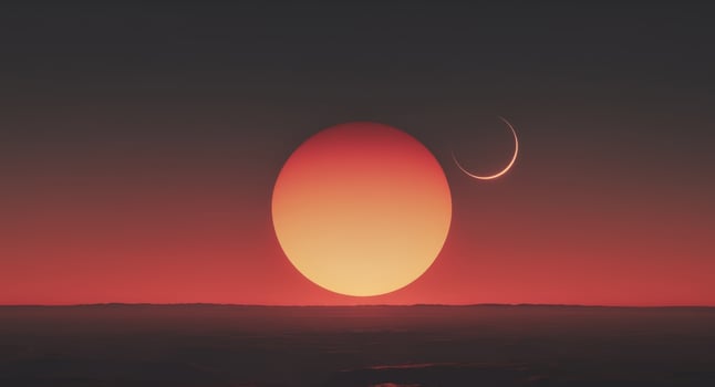 Alien Planet's fiery sunset with two eclipses photo