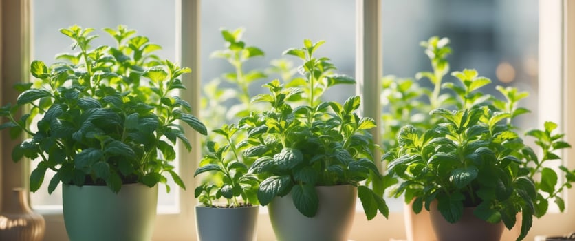 Fresh mint pots thriving on a sunny windowsill create a vibrant indoor garden atmosphere. photo