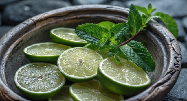 Freshly sliced limes with mint leaves in a wooden bowl on dark stone background with Copy Space. photo