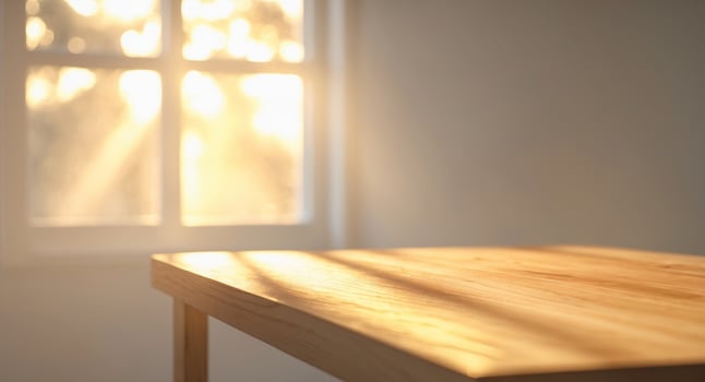 Wooden table surface with bright sunlight shining through window creates a warm inviting scene. photo