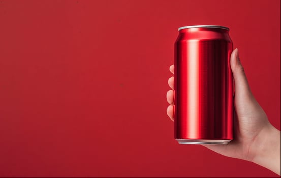Woman holding aluminum can, red background with copy space photo
