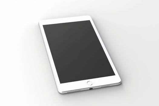 White tablet computer with blank black screen mockup lies on the surface, isolated on white background. Whole image in focus, high quality. photo