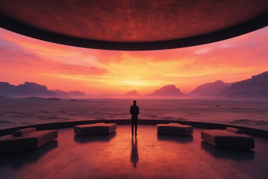 A man stands in front of a circular room with a sunset in the background photo