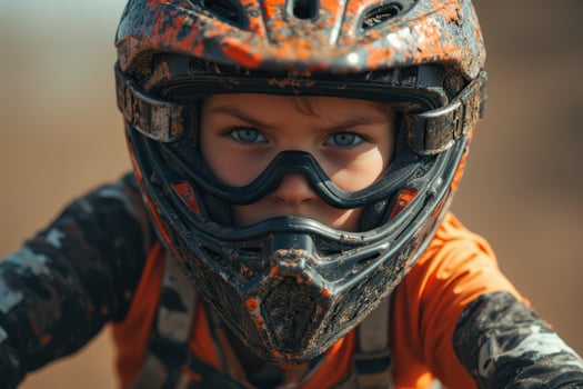a young boy wearing an orange helmet and riding a dirt bike photo