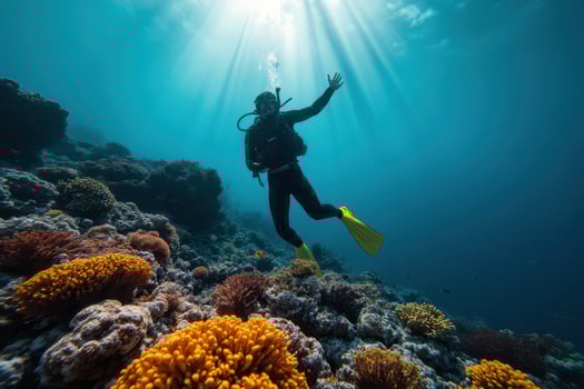 a scuba diver is standing on the ocean floor with sunlight shining through the water photo