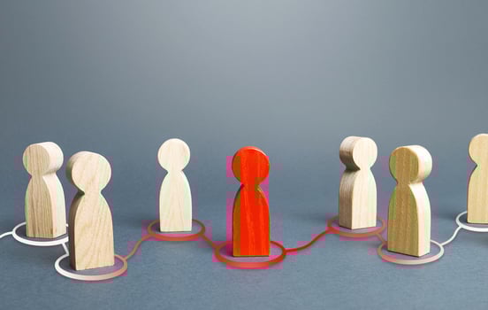 Red person spreads his influence to other people. The process of chain infection. Dissemination of information and rumors. Recruiting new followers around the idea. Leader and leadership. photo