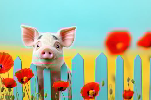Adorable piglet with mint green spots plays joyfully in a lemon yellow meadow adorned with red poppies and teal fences under a bright blue sky photo