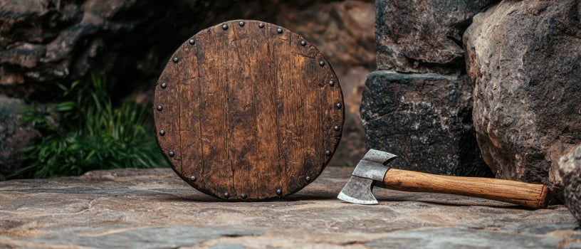 Medieval wooden shield and axe on stone background photo