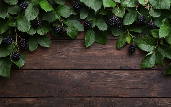 Fresh blackberries with green leaves on wooden background photo