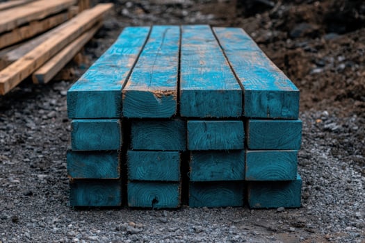 Stack of blue painted lumber on a construction site photo