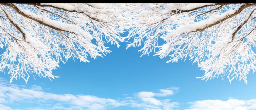 Winter wonderland scene with snow covered branches against a bright blue sky photo