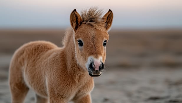Adorable fluffy foal standing in a field photo