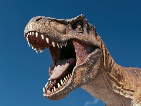 Close up of a roaring dinosaur model against a clear blue sky photo