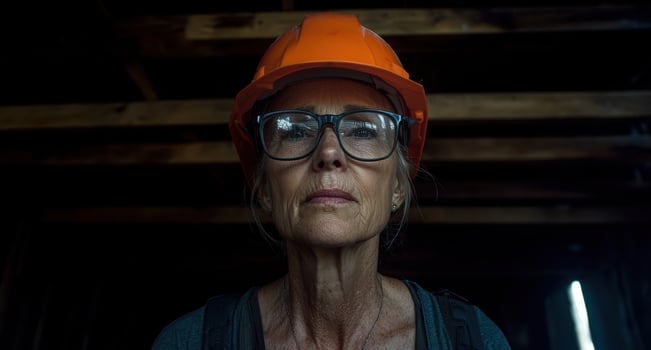 Confident female construction worker in hard hat and glasses photo