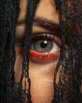 Closeup of a womans eye peering through a torn black lace veil photo