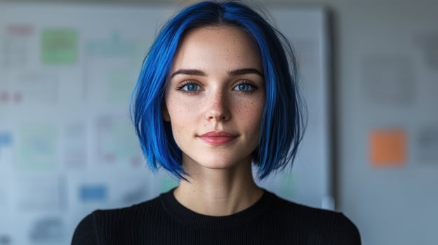 A portrait of a young woman with blue hair. photo