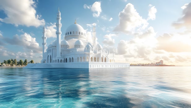 Majestic White Mosque Situated Serenely On Calm Ocean Waters photo