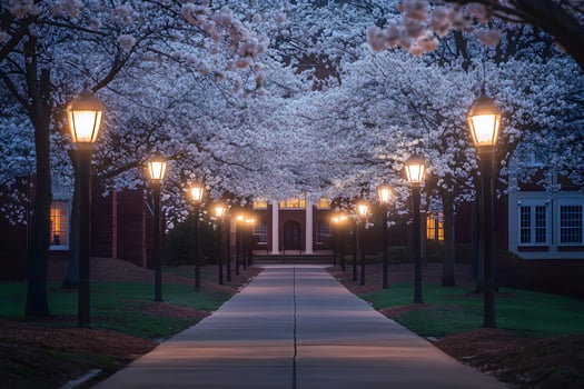 Illuminated Pathway Under Blossoming Cherry Trees at Night photo