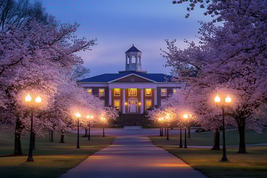 Evening Glow Illuminates College Building and Blossoming Trees photo