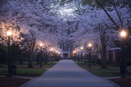 Blossoming Cherry Trees Line a College Walkway at Dusk photo