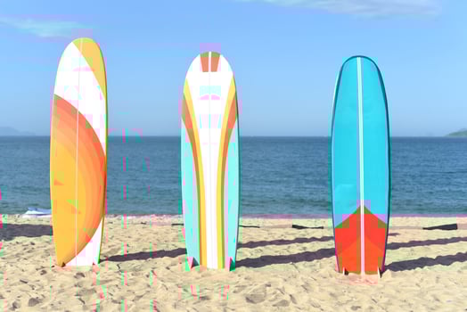 Surfboards on sandy beach in Vietnam photo