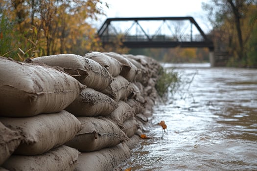 Sandbags protecting river bank from flooding under bridge photo
