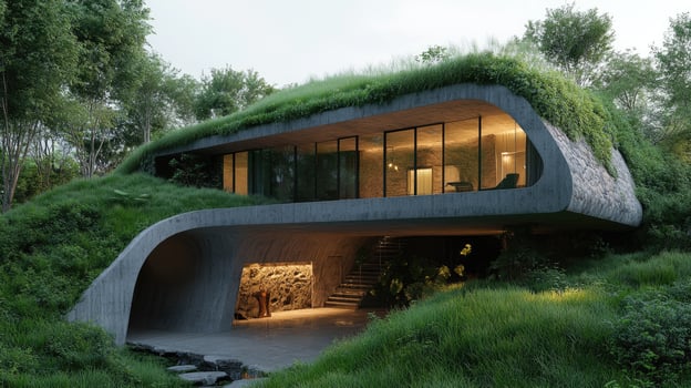 Modern sustainable house blending with nature, green roof integration with landscape photo