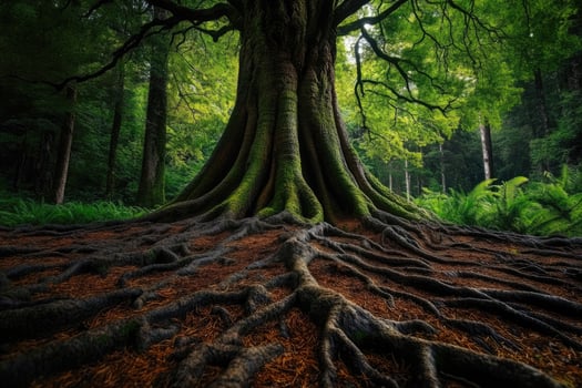 Majestic tree with exposed roots dominating forest floor photo