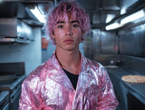 Stylish young man with pink hair in a metallic pink jacket photo