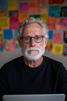 Senior man with glasses sits at his laptop, working from home photo