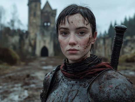Muddy warrior woman standing in front of a ruined castle photo