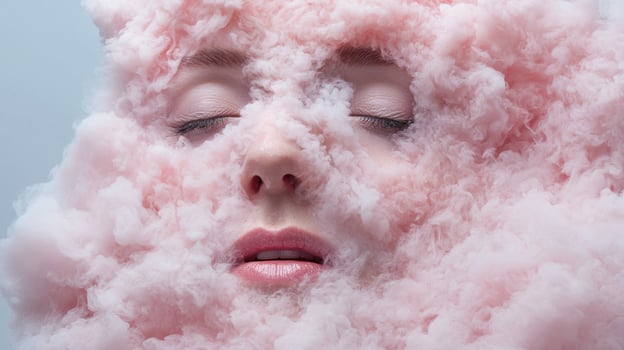 Womans face obscured by pink smoke, eyes closed photo