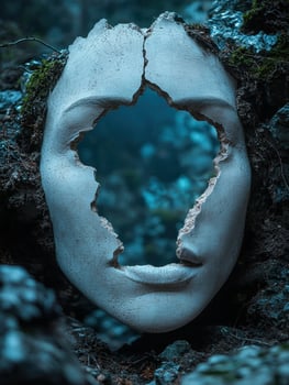 Broken face sculpture in the forest photo