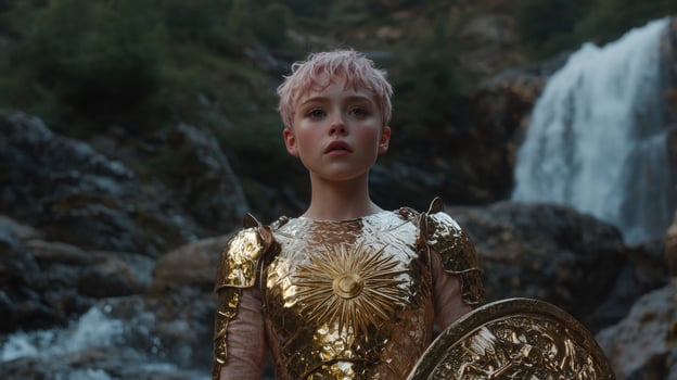 Young woman in golden armor stands before a waterfall photo