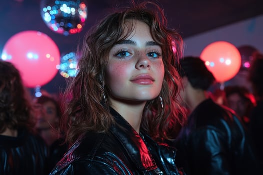 Young woman with freckles in a leather jacket at a party photo