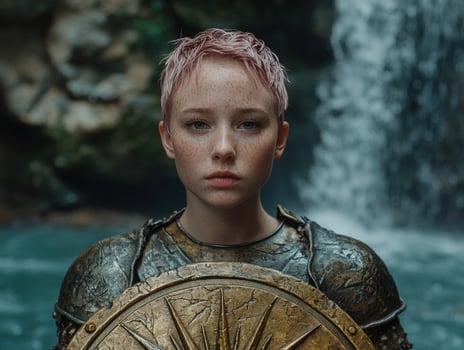 Young female warrior with pink hair and shield photo