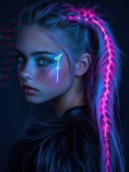 Futuristic woman with neon braided hair and face paint photo