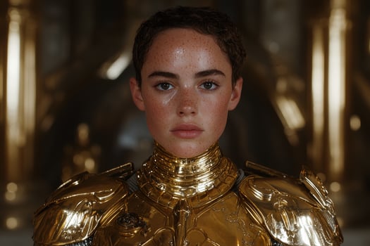 Futuristic female warrior in golden armor. photo
