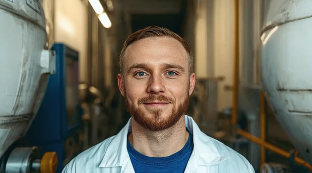 Smiling scientist in a lab coat photo