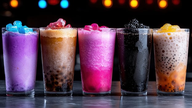 colorful bubble tea drinks with tapioca pearls. photo