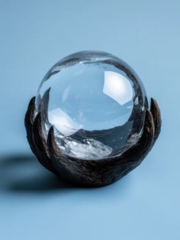 Crystal ball on dark wooden stand photo