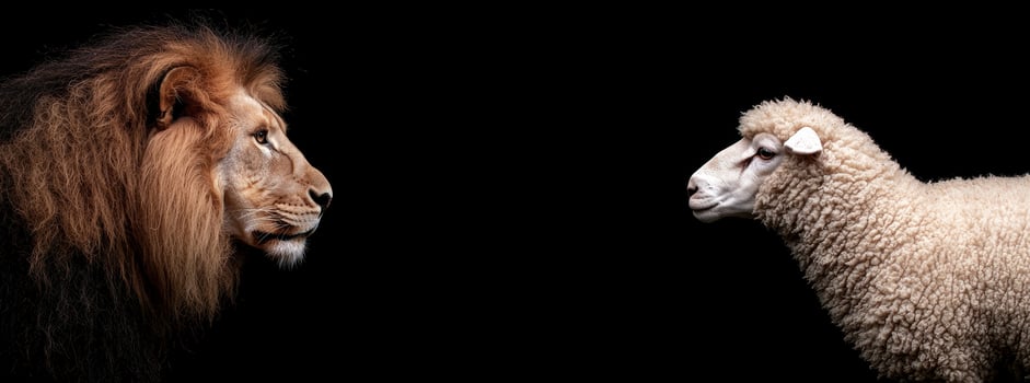 Lion and sheep face off against a black background photo