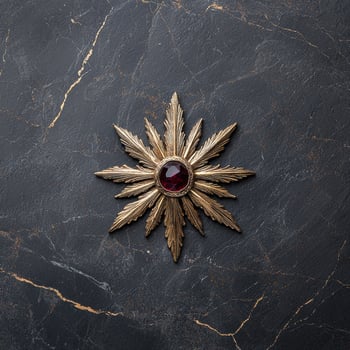 Gold starburst brooch with dark red gemstone on dark marble background photo