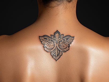 Close up view of a black ink floral tattoo on a persons back photo