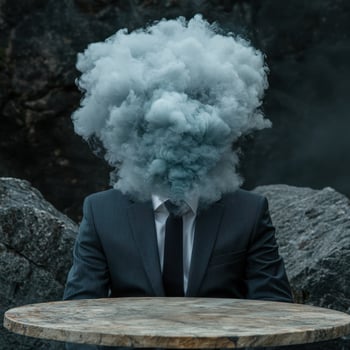 Businessman with smoke for a head sitting at a table photo