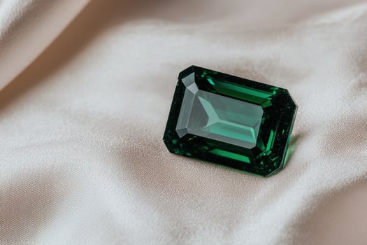 Emerald gemstone on silk fabric. photo