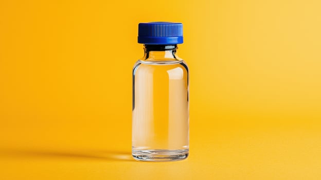 Clear glass bottle with a blue cap on a yellow background photo